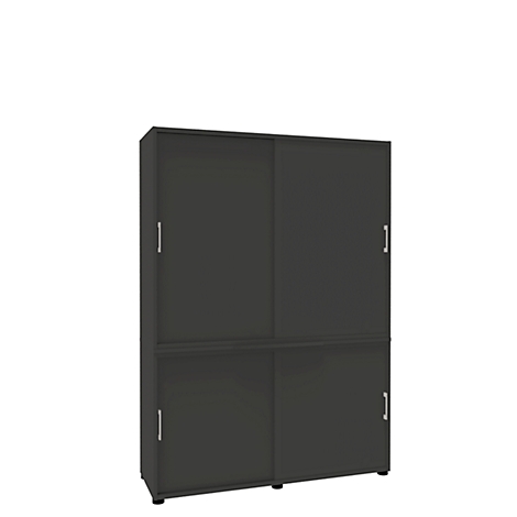 Dark gray cabinet with sliding and hinged doors on a white background.