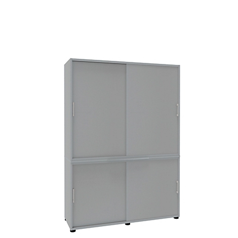 Grey cabinet with sliding doors, on a white background. Two upper doors, two lower doors.