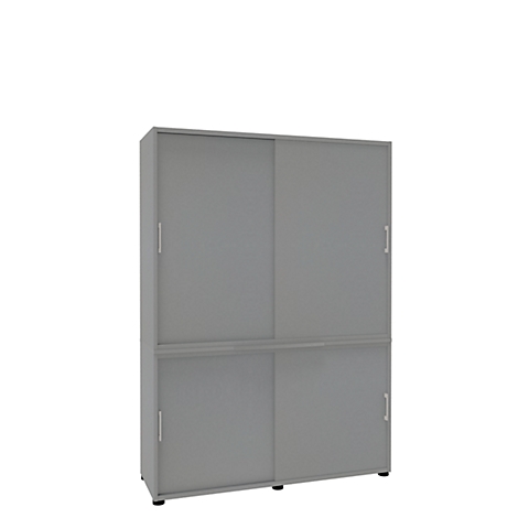 Gray cabinet with sliding doors. Two doors above, two below. On a light background.