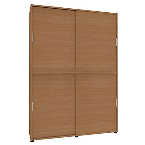 Brown cabinet with sliding doors. Four doors, two above each other. On a light background.