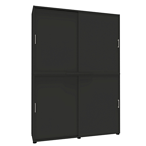 Dark gray cabinet with sliding doors and silver handles.