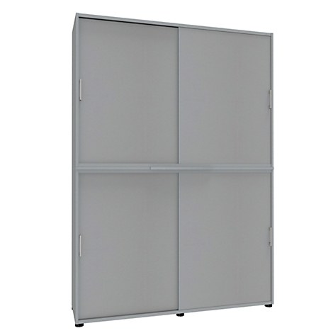Grey cabinet with four sliding doors, handles and black feet.