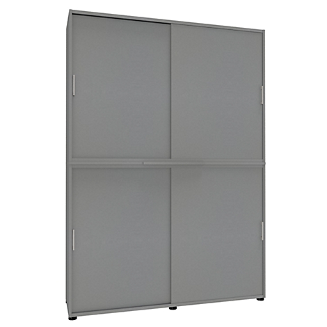 Gray cabinet with sliding doors. The cabinet is divided into four sections and stands on small black feet.