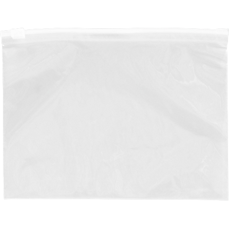 Transparent, empty zip lock bag, against white background.