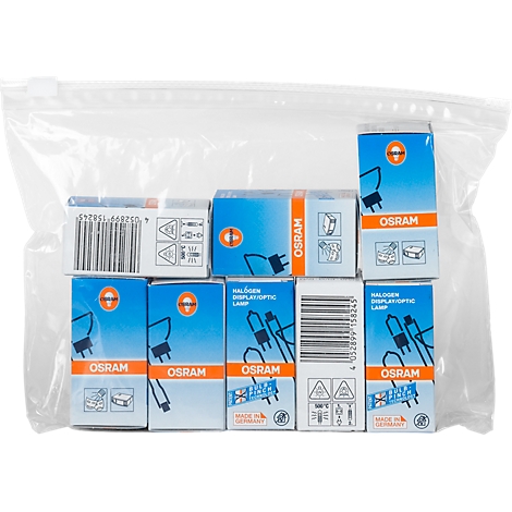 Several OSRAM lamps packed in a transparent bag. Blue and white boxes with an orange logo and lettering.