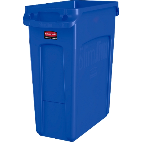 Blue, oblong waste container. Product name 'Slim Jim'.
