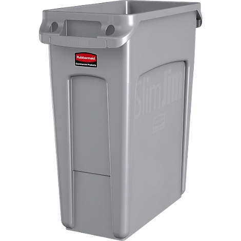 Gray, elongated trash can with handles. "Slim Jim" is written on the side in white letters.