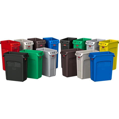 Several trash cans in different colors, Slim Jim, a black can stands in front.