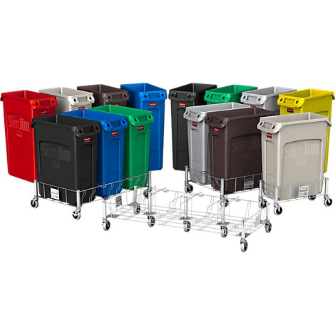 Multi-colored Slim Jim waste containers on wheels, for waste separation.