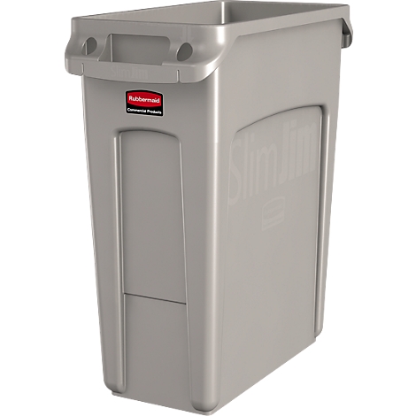 Gray Slim Jim trash can. Handles on top, Rubbermaid logo, Slim Jim lettering.