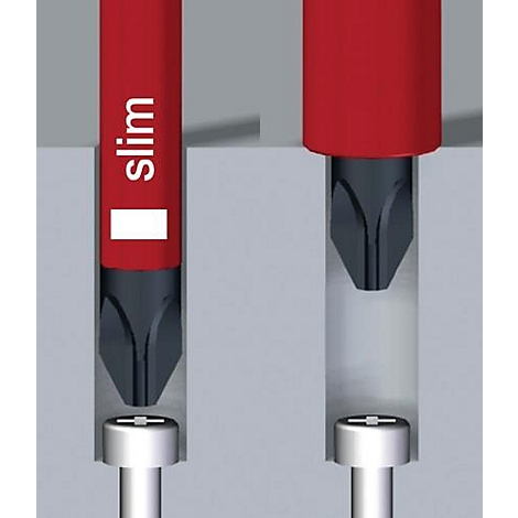 Deux tournevis dans une vis grise, à gauche avec le mot slim.