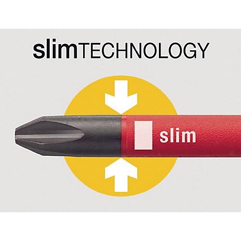 Gros plan sur un tournevis rouge avec l'inscription slim et slimTECHNOLOGY. Un cercle jaune avec des flèches souligne le design.