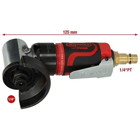 Winkelschleifer in Rot-Schwarz-Silber mit Größenangabe. Aufschrift KS TOOLS SLIM POWER.