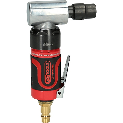 Eine Druckluft-Winkelschleifer in Schwarz, Rot und Silber, mit der Aufschrift 'KS TOOLS SLIMPOWER'.