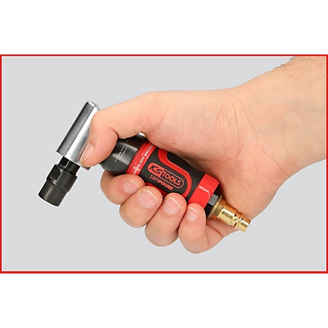 Person hält einen schwarzen und roten Druckluftschleifer von KS Tools. Das Gerät ist in der Hand sichtbar.