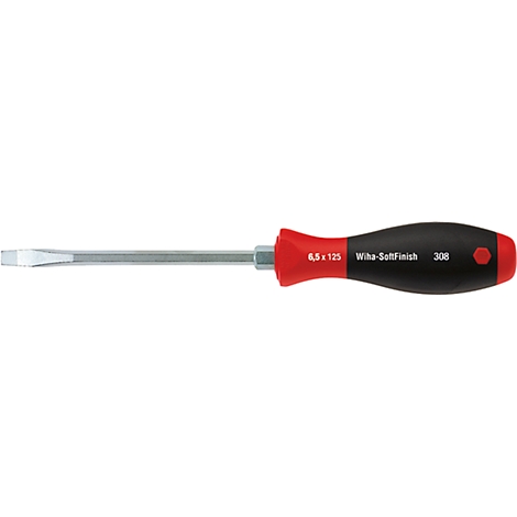A screwdriver with red and black handle, silver tip. The handle reads "8.5 x 125 Wiha-SoftFinish 308".