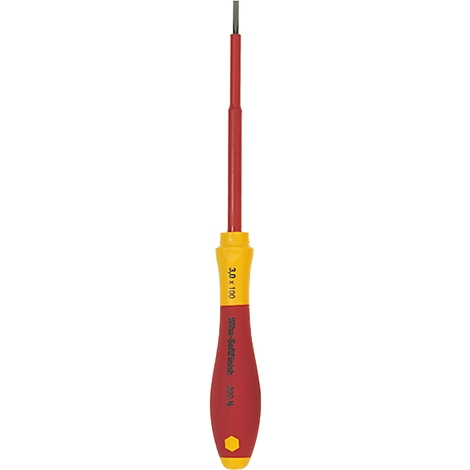 Close-up of a screwdriver, red and yellow, with textual indication.