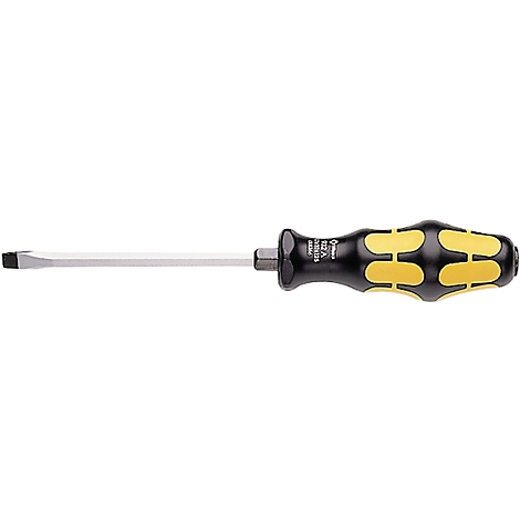 Screwdriver with black handle and yellow inserts, the blade is silver.