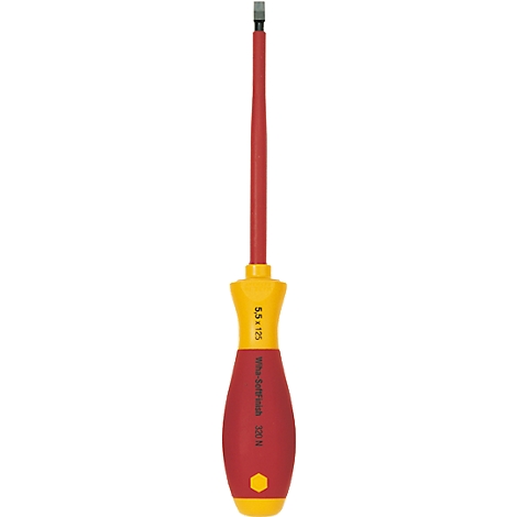 Close-up of a red and yellow screwdriver, metallic and hexagonal at the tip. Labelled: 5.5 x 125.