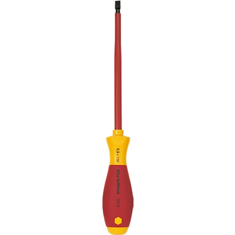 A screwdriver with a red handle and yellow insert. The shaft is red, the tip black.