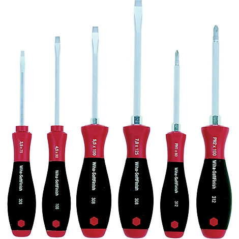 Various screwdrivers in a row. Red and black handles. Lettering: Wiha-SoftFinish, size specifications.