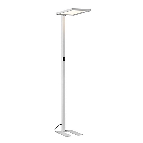 Eine moderne Stehlampe mit quadratischem Leuchtkopf. Auf weißem Hintergrund. Ein/Aus-Schalter am Schaft.
