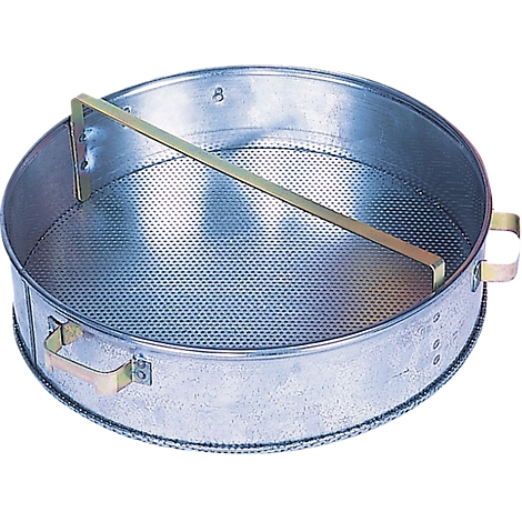 A round metal sieve with a perforated bottom, a handle, and a holding bar.