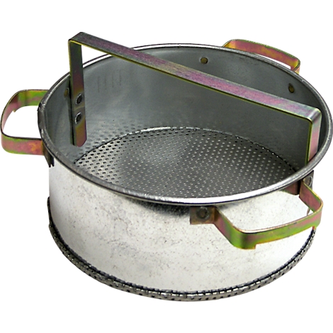A metal sieve bowl with handles and a perforated bottom, as well as a bracket handle.