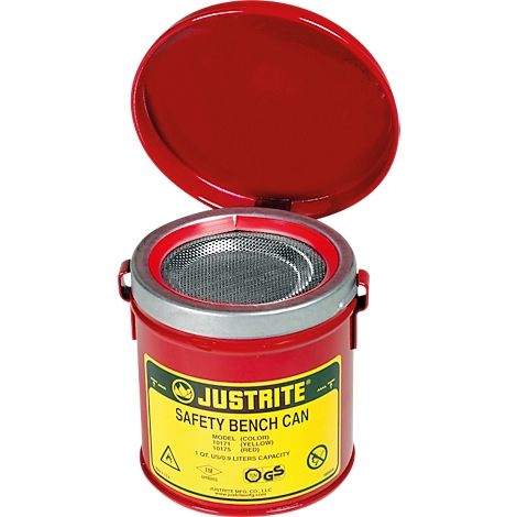 Red safety bench can with open lid and yellow sticker with text.
