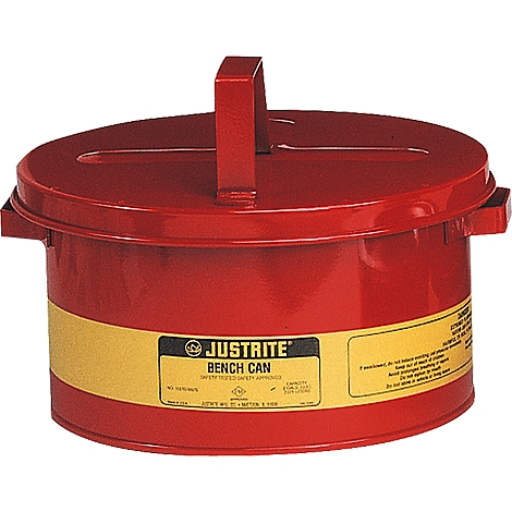 Red JUSTRITE bench can. A cylindrical container with lid and handle.