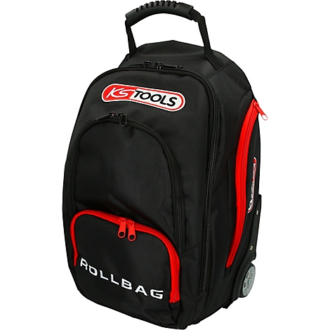 Schwarzer Rollbag mit roter Umrandung und Reißverschlüssen. Auf der Tasche ist das Logo von KS TOOLS zu sehen.