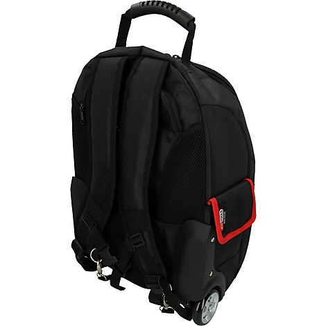 Schwarzer Rollrucksack, von hinten fotografiert. Oben ein Tragegriff, seitlich eine kleine Tasche mit roter Umrandung.