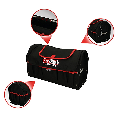 Schwarze Werkzeugtasche mit roter Umrandung und Details, seitlich und oben Ansichten, darunter die Marke KS TOOLS SMARTBAG.