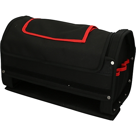 Schwarze Werkzeugtasche mit roter Umrandung. Offene Form mit Tragegurt und Steckplätzen.