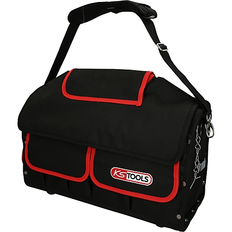 Schwarze Werkzeugtasche mit rotem Rand und Logo 'KS TOOLS'. Schulterriemen, mehrere Fächer und ein Verschluss.