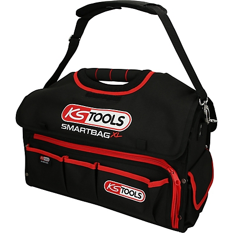 Schwarze Werkzeugtasche mit roter Naht und Aufschrift KS TOOLS SMARTBAG XL.