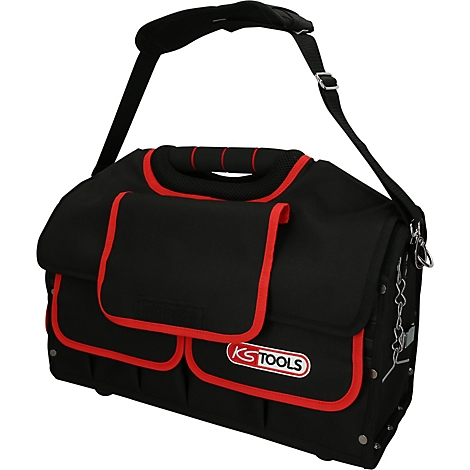 Schwarze Werkzeugtasche mit roter Umrandung und Schulterriemen. Auf der Tasche steht "KS TOOLS".