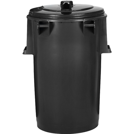 Black trash can with lid. Handles on both sides.