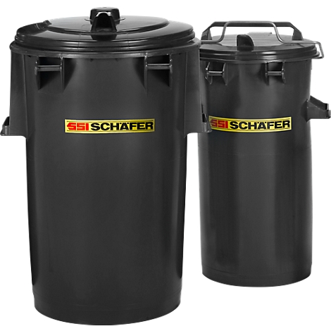 Two black trash cans with lids, next to the lettering SSI SCHÄFER.