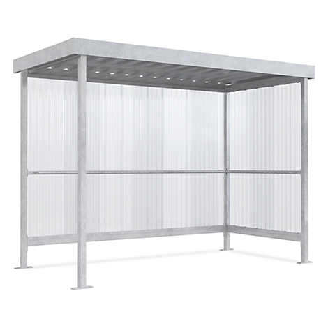 A metal bus stop with transparent side walls and roof. The bus stop is standing on a white background.