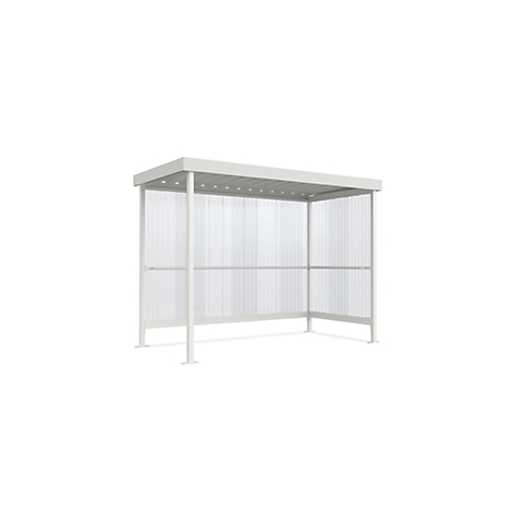 White waiting area with roof and transparent walls. Bright environment, isolated on white background.