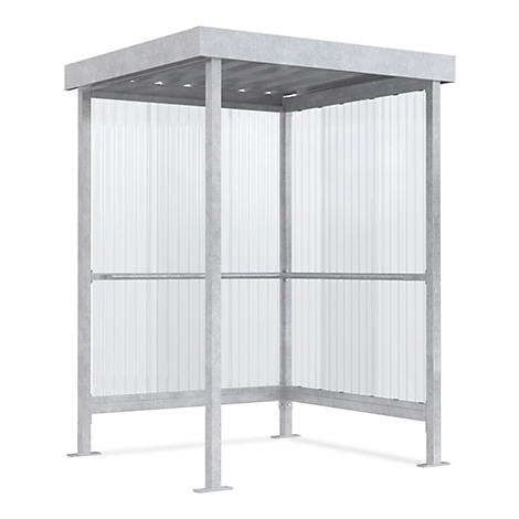 Gray metal bus stop with clear, corrugated walls and a roof. On a white background.
