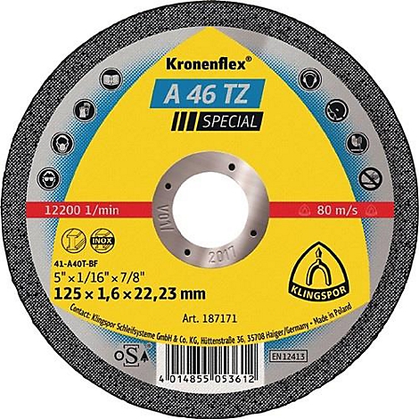 Ronde doorslijpschijf met gele, blauwe en grijze opdruk. Opschrift: Kronenflex A 46 TZ Special.