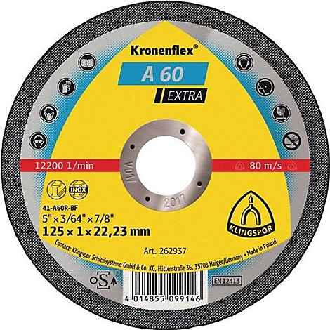 Ronde Kronenflex A60 EXTRA slijpschijf met geel midden. Opschrift: 12200 1/min, 80 m/s. Fabrikant: Klingspor.