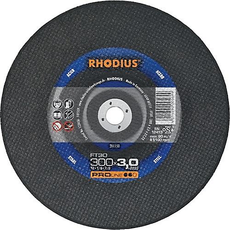 Een donkere, ronde slijpschijf met blauwe bedrukking. Tekst: RHODIUS, FT30 300x3.0. Een gat in het midden.