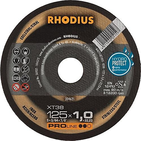 Ronde, zwarte slijpschijf met witte tekst: RHODIUS, XT38, 125x1,0. Blauw Hydro Protect label.