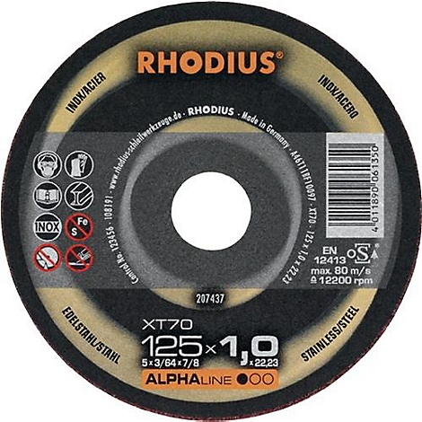 Ronde, zwarte slijpschijf met gele letters, waaronder "RHODIUS".