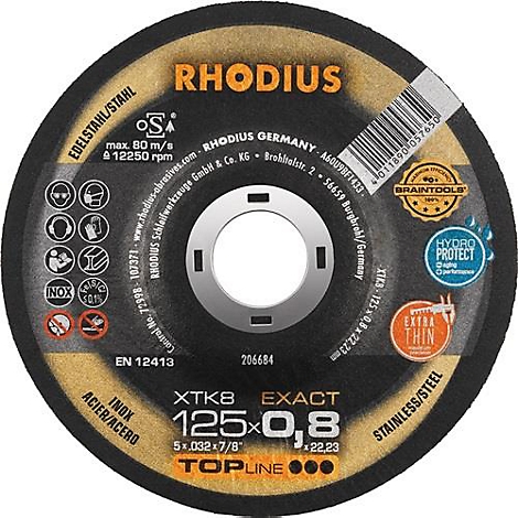Ronde slijpschijf met teksten als 'RHODIUS', 'Roestvrij staal', 'INOX'.