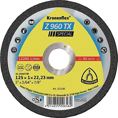 Ronde snijschijf, geel-zwart-grijs. Opschrift: Kronenflex, Z 960 TX, SPECIAL, 12200 1/min, 80 m/s, Klingspor.