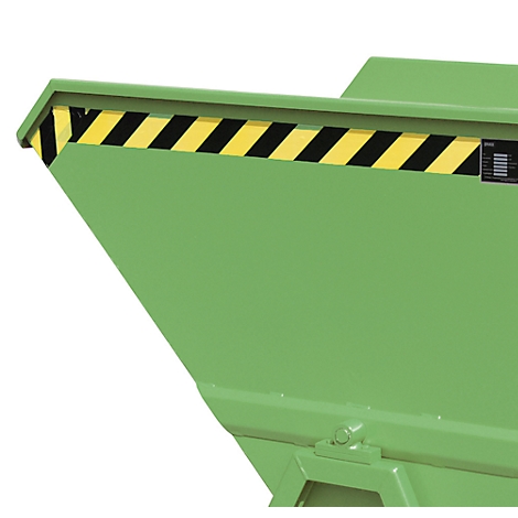 Detail van een groene container met geelzwarte waarschuwingsstrepen op de bovenrand.